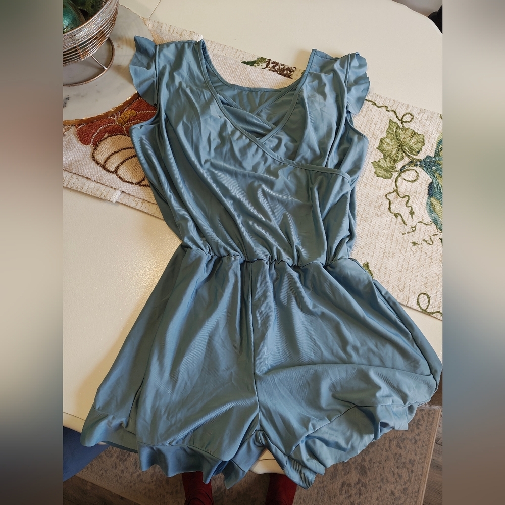 Sage Green Swim Romper with ruffle trim